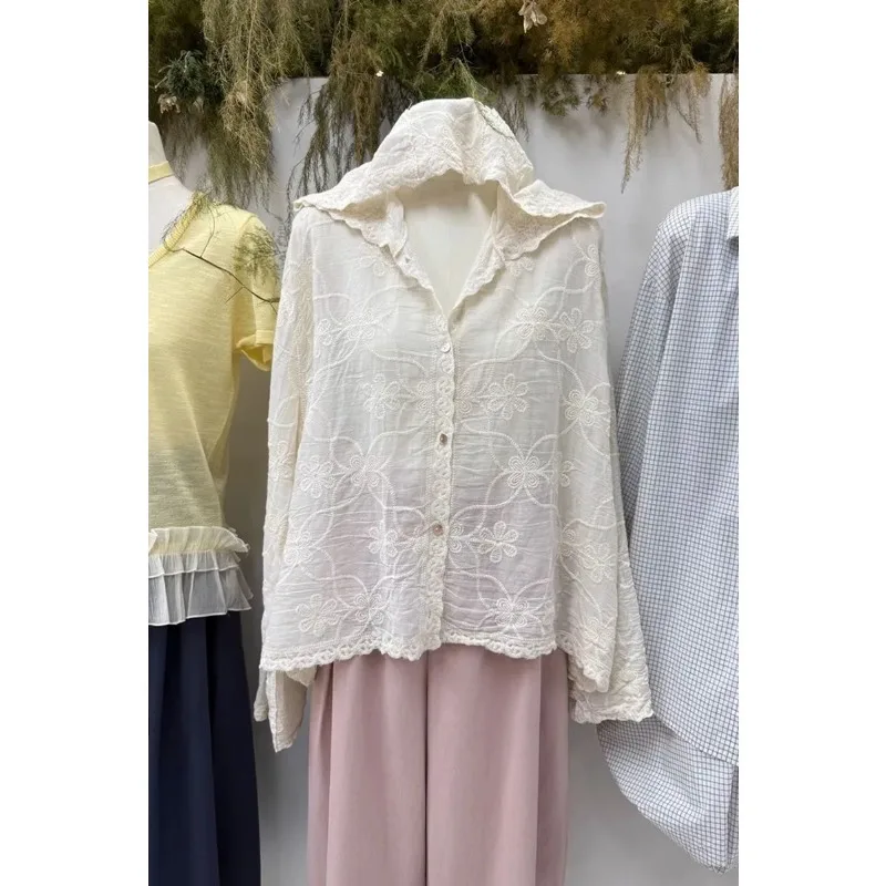 

Women's White Lace Cardigan V-neck With Floral Embroidery Flared Sleeves