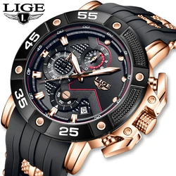 LIGE Mens Watches Top Brand Luxury Big Dial Watch Men Silicone Military Sports Waterproof Quartz Watch For Men Relogio Masculino
