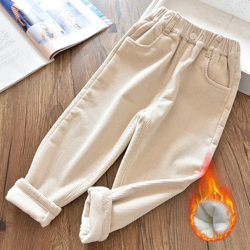 Velvet Lined Corduroy Kids Harem Pants Winter Elastic High Waist Warm Boys/Girls Pantalones Baggy Thicken Plush Children Spodnie