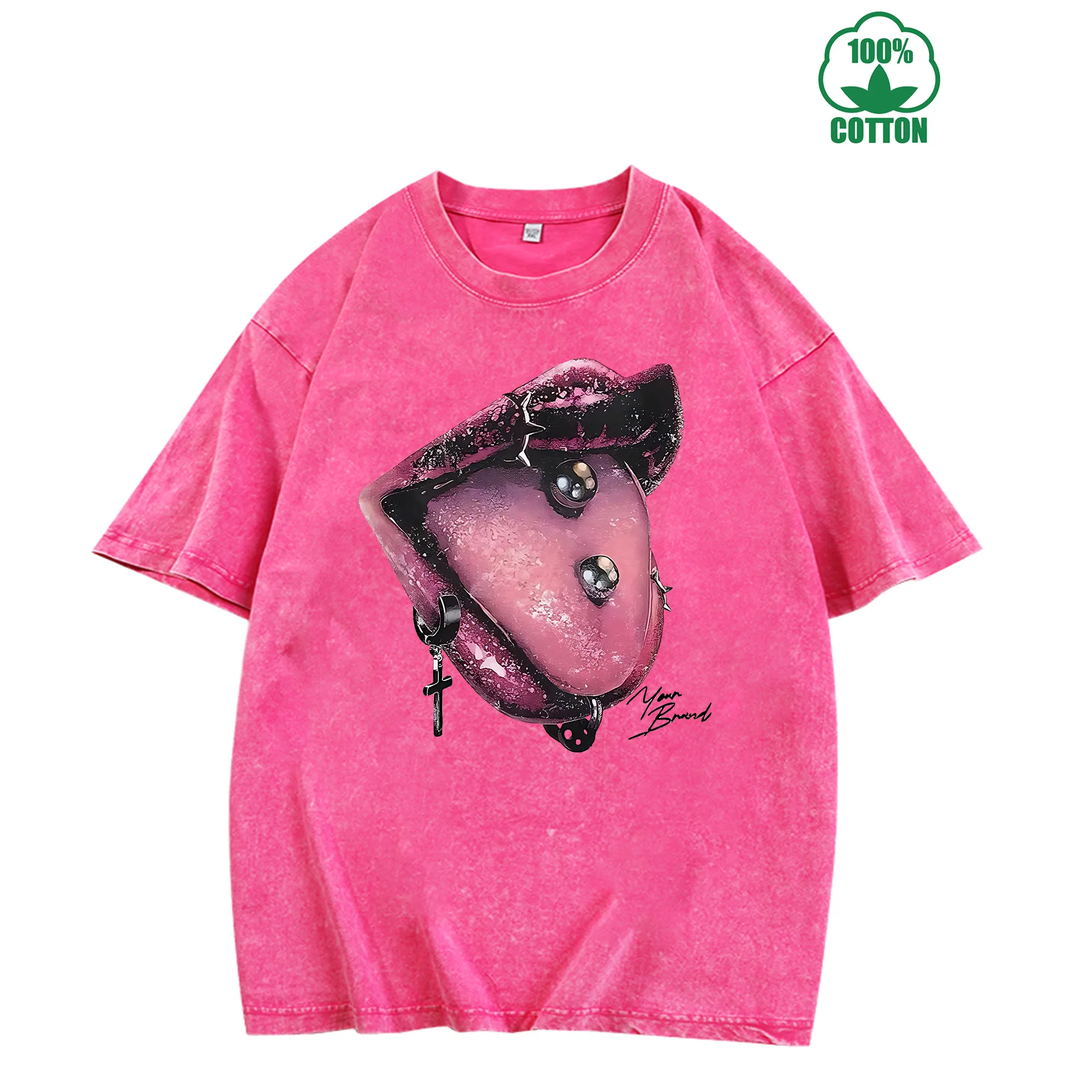 تي شيرت مغسول عتيق للشفاه الشريرة 230 جرام 100% قطن مريح كبير الحجم ملابس الشارع للجنسين #2