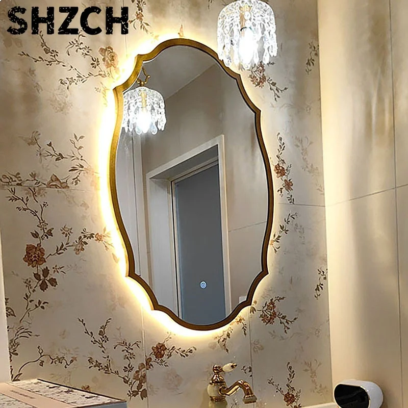 Retro Wooden Frame Makeup Mirror with 3-Color Lights & Defogging Function