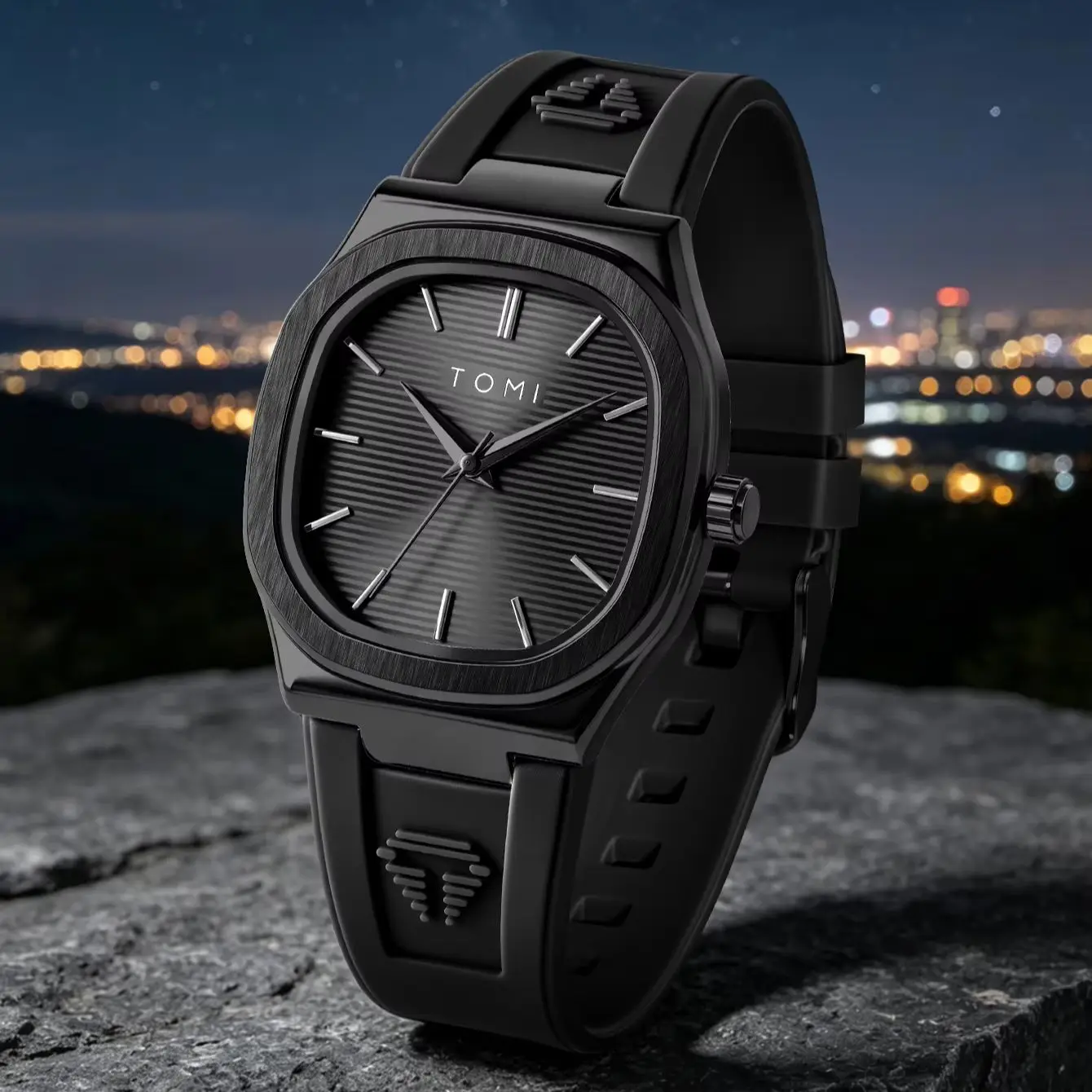 TOMI 2026 New Fashion Men's Quartz Watch Simple Square Dial Rubber Strap Waterproof Analog Wristwatch image 2