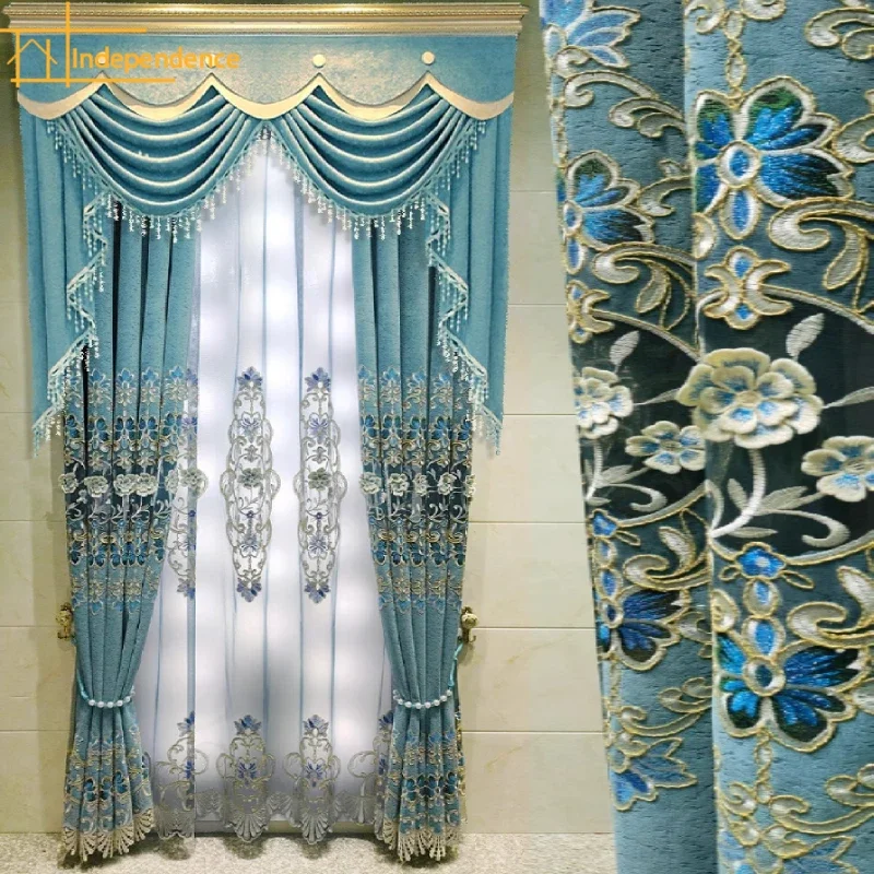 

Blue Thickened Chenille Embossed Embroidered Curtains for Living Room Bedroom French Window Embroidered Screen Valance