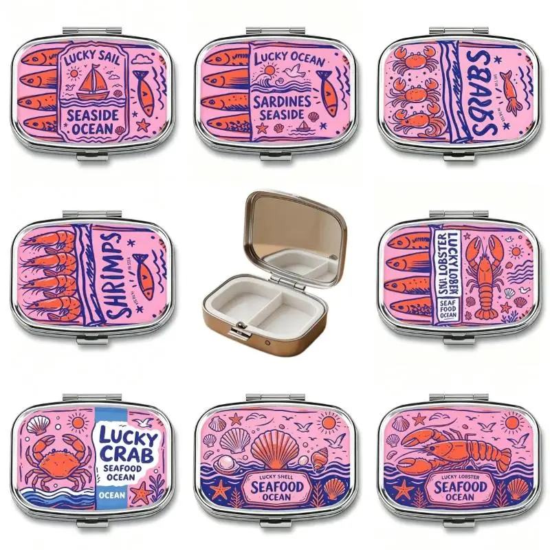 1Pcs Retro Sardine Print Pill Box 2-Compartment Metal Mini Organizer For Peolple Travel Jewelry Medicine Candy Storage