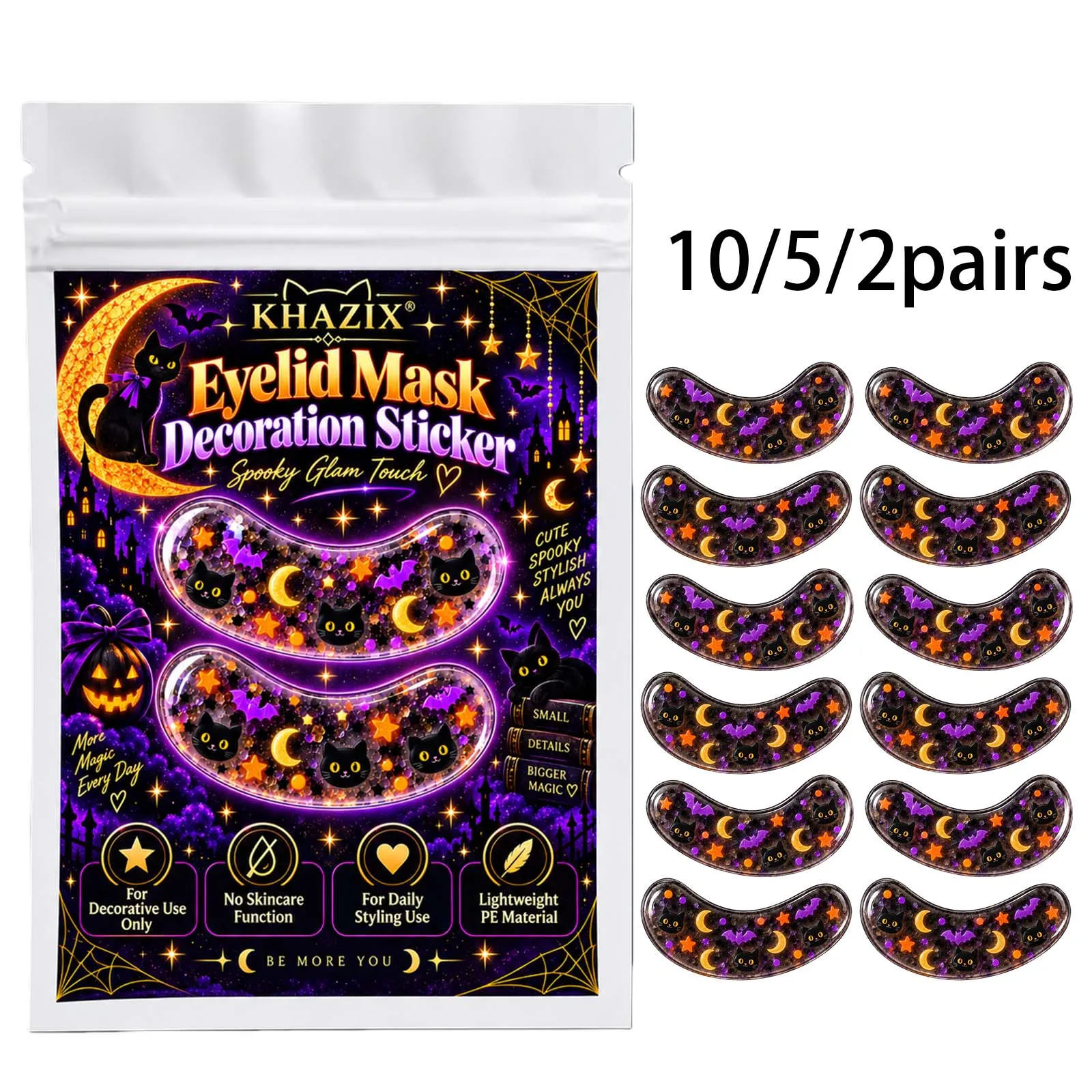 10/5/2 Pairs Halloween Decorative Under-Eye Stickers, Black Cat Bat & Moon Eye Patches for Costume Makeup, Parties & Photos