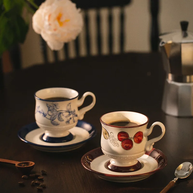 1 PCS 250ml/ 8.5 oz Vintage Cherry Coffee Cup Medieval Afternoon Tea Set Ceramic Black Tea Latte with Dish Plate