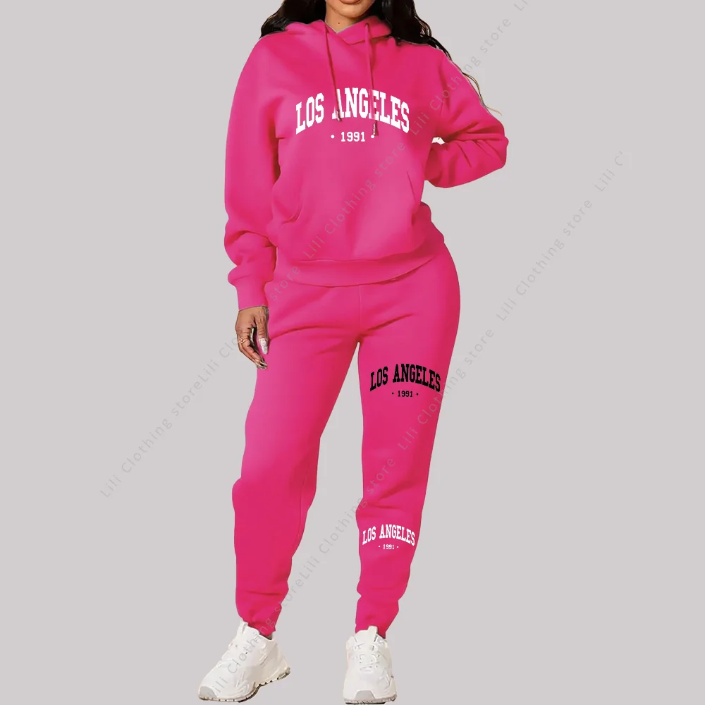 

Women Sets Hoodies Pants 2 Piece Outfits Aesthetic Sportswear Sweatsuit Los Angeles Letter Print Suit Ladies Tracksuit Plus Size