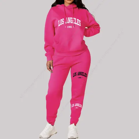 Women Sets Hoodies Pants 2 Piece Outfits Aesthetic Sportswear Sweatsuit Los Angeles Letter Print Suit Ladies Tracksuit Plus Size