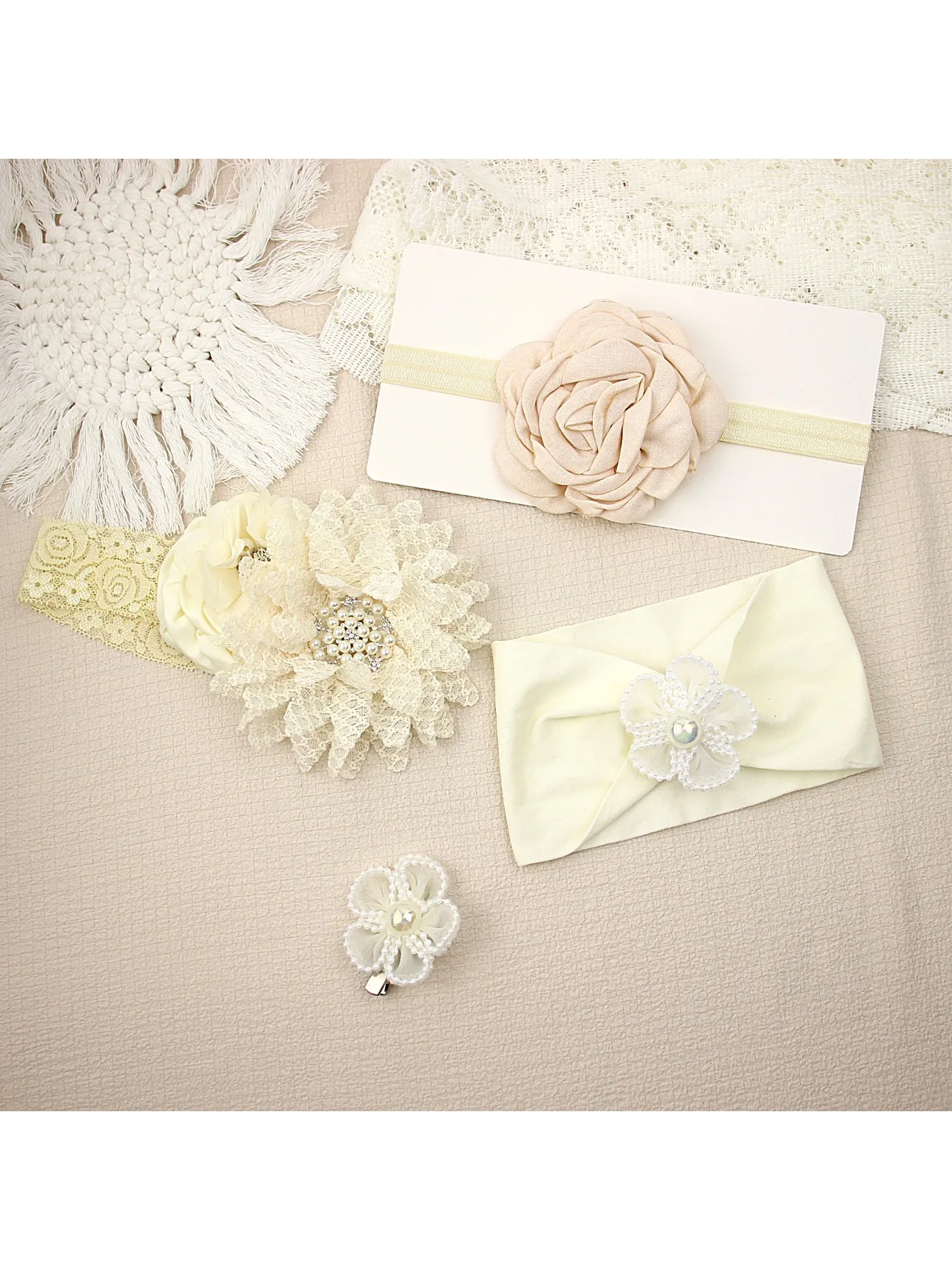 4pcs 0-3Y Beige Baby Hair Accessories Set Newborn Flower Lace Headbands Kids Ivory Nylon Turban Baby Girl Diamond Headwrap Set
