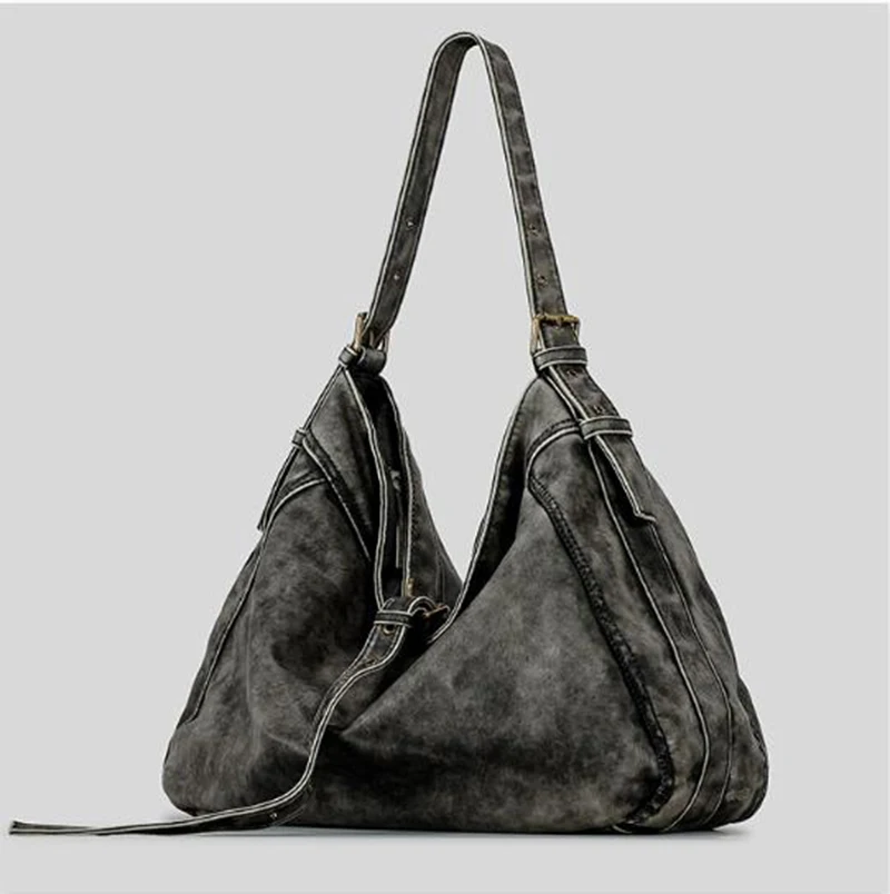 Women's Fashion Vintage Washed Soft Leather Tote Bag Large Capacity Commuter Multi-Pocket Shoulder Messenger Bag