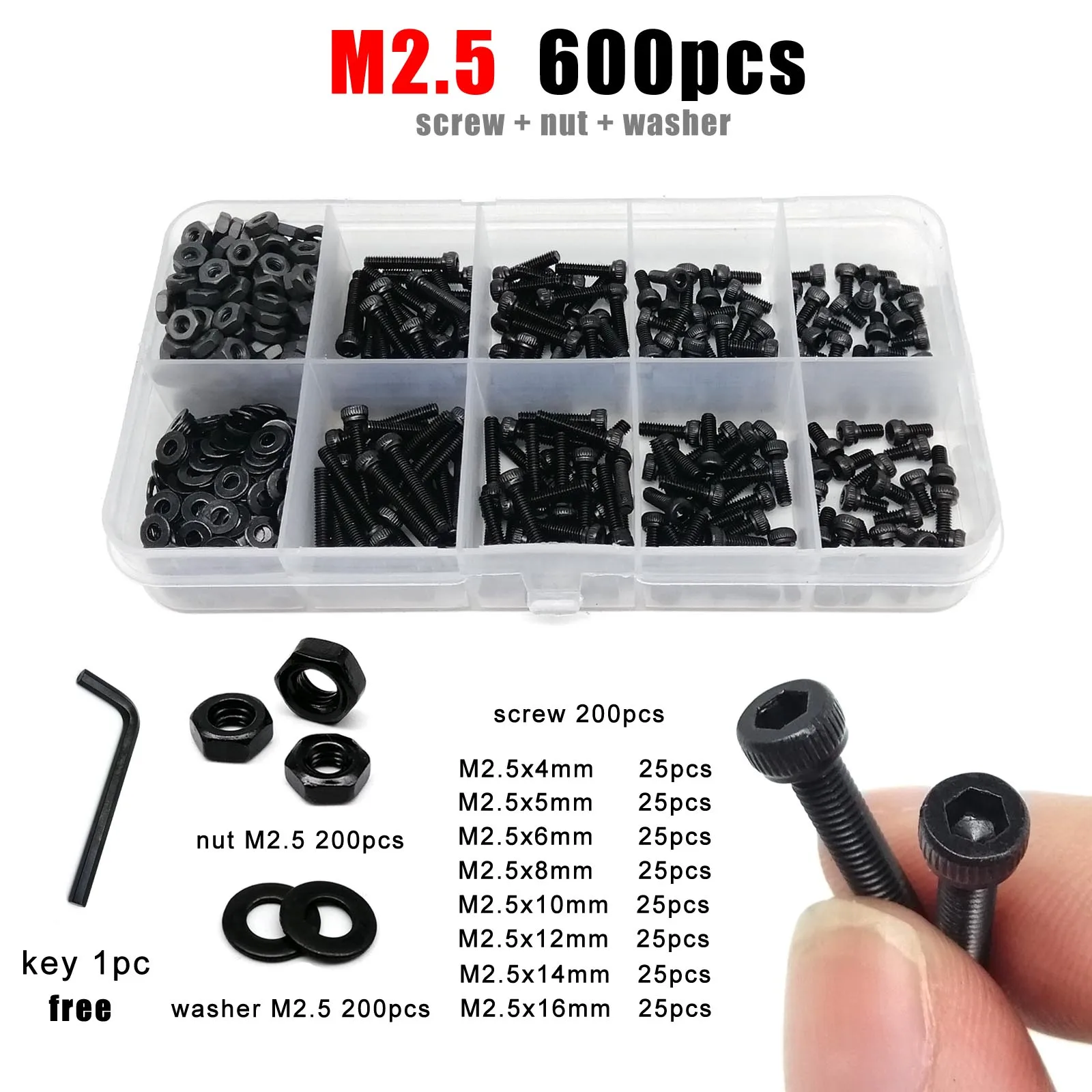 Boxed M2 M2.5 M3 M4 M5 M6 Hex Hexagon Socket Allen Cap Head Screw Bolt Nut Washer Assortment Kit DIN912 Black Grade 12.9 Steel