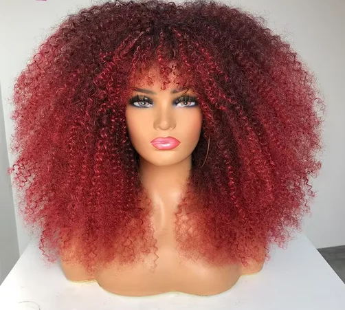 Peluca rizada Afro con flequillo, pelucas rizadas rubias sintéticas para mujeres negras, pelo Natural, fiesta de Cosplay, resistente al calor