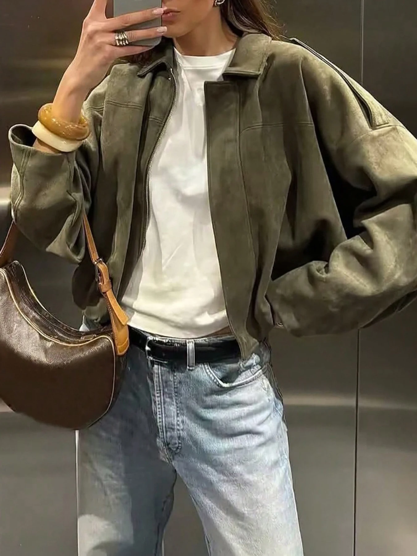 

Women's autumn vintage casual jacket, long sleeved zipper lapel versatile jacket, fashionable motorcycle jacket short jacket 729