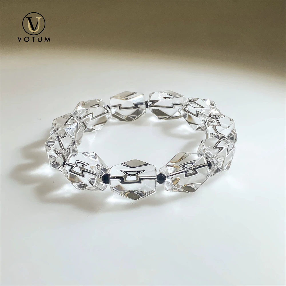 Votum Natural Faceted Clear Quartz Beaded Bracelet for Unisex White Crystal with Small Size Black Agate Beads Spiritual Jewelry