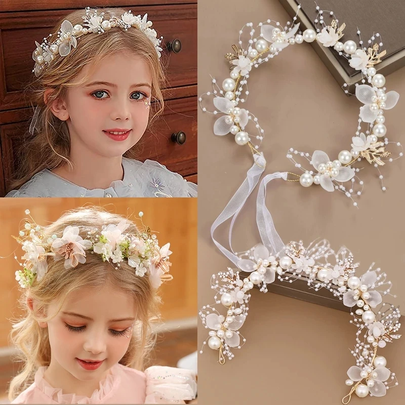 

Spring Bohemian Girls Bridal Pearl Hair Headdress Flower Wreath Bride Garland Head Hoop Headbands Hair Jewelry Children Gifts