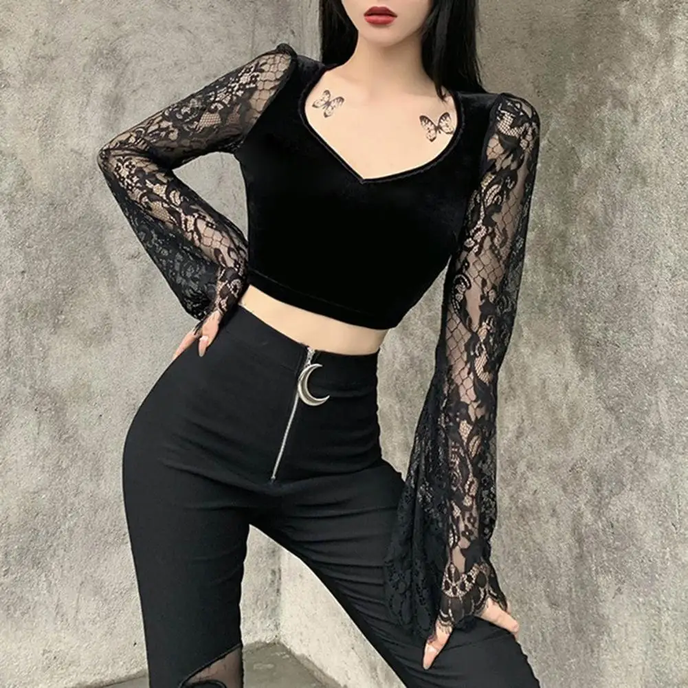 Vintage Gothic Velvet Lace Tops Harajuku Sexy See Through Long Sleeve Crop Top Women Autumn Elegant Basic Tops ropa mujer