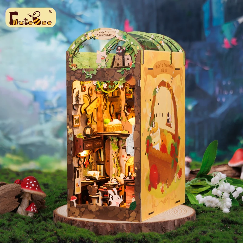 Cutebee Book Nook Kit 3D Wooden Puzzle Bookshelf Roombox Toy Mole\'s Apartment Miniature with Dustproof Cover LED Light Booknook