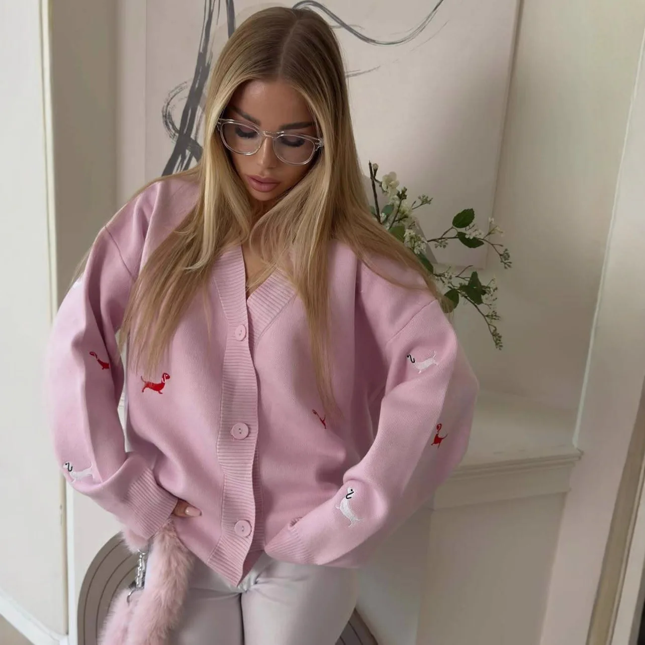 

Лидер продаж, осенне-зимний свитер с вышивкой в виде колбасы и щенка ярких цветов, кардиган, модная женская одежда