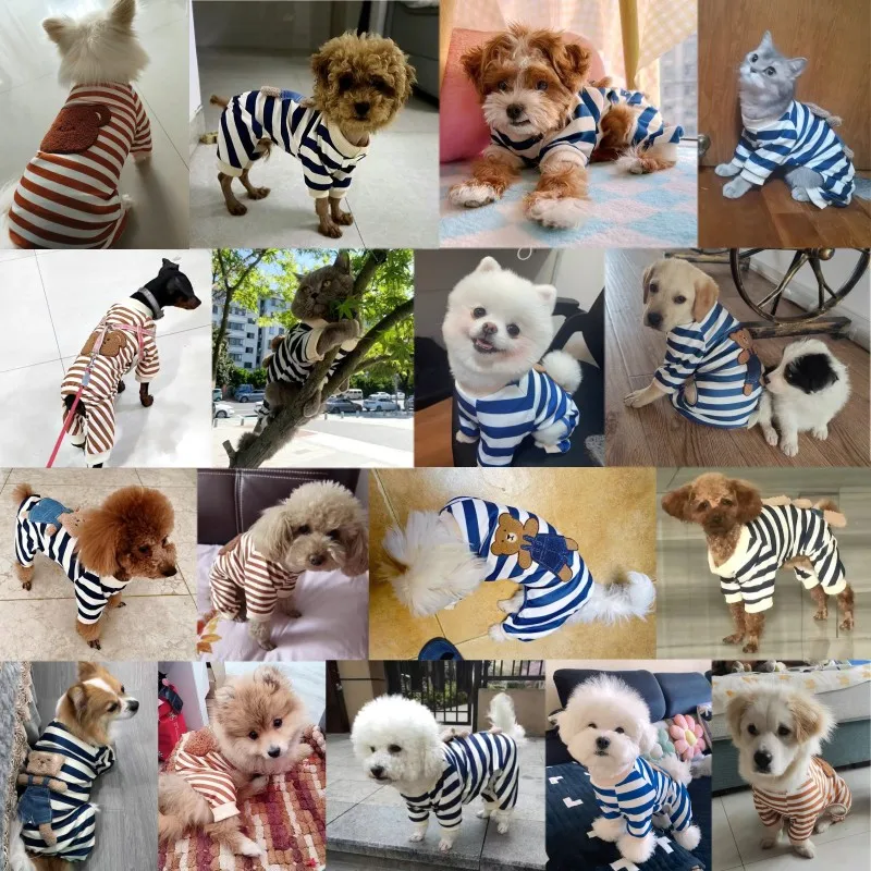 Fashion Pet Striped Dog Jumpsuits Winter Warm Dog Pajamas Cute Cartoon Cat Jumpsuits Soft Puppy Tracksuits Chihuahua Dog Clothes