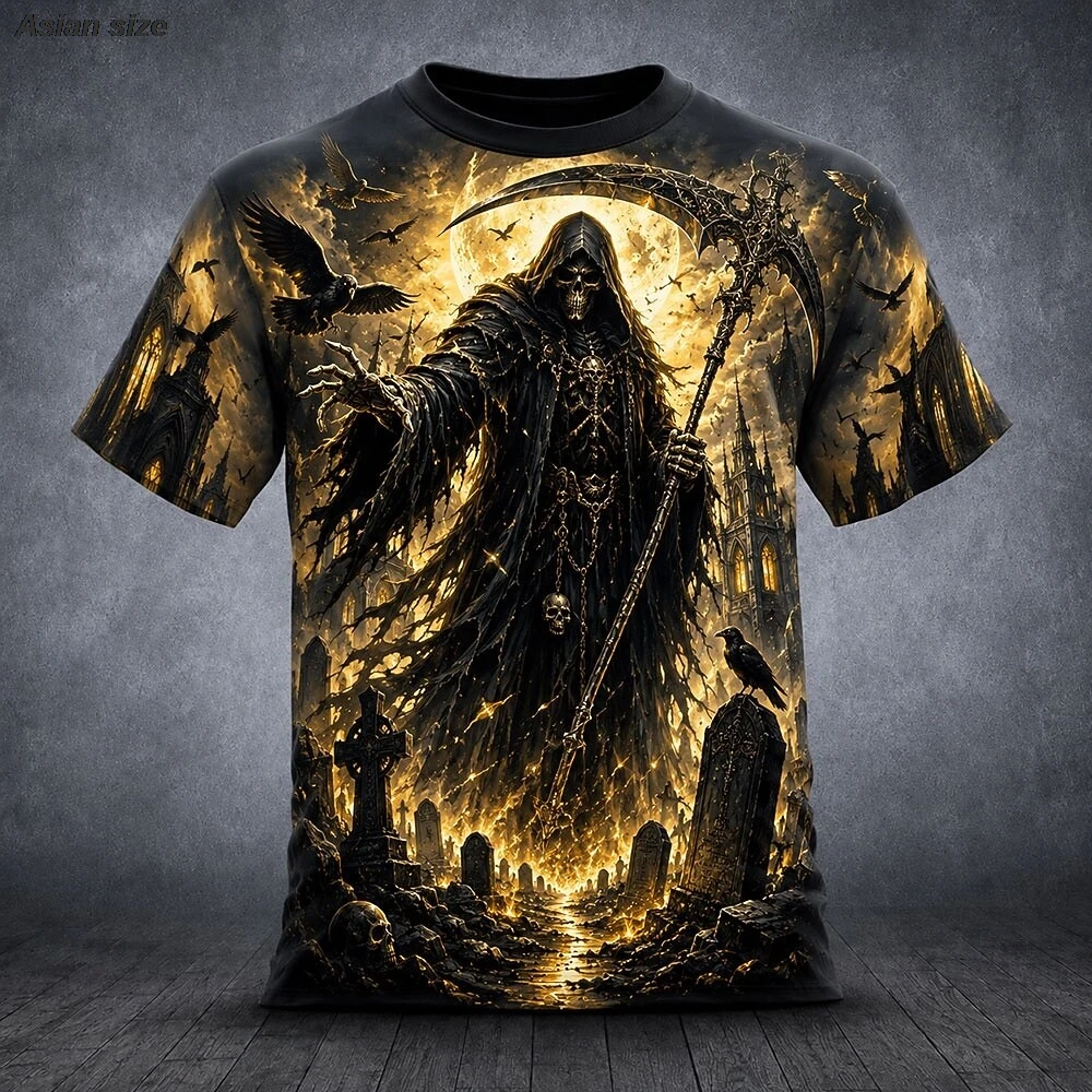 Men  Grim Reaper Crow Print T‑Shirt Gothic Death Skeleton Graphic Short Sleeve Tee Halloween Party Casual Streetwear O‑Neck Tops