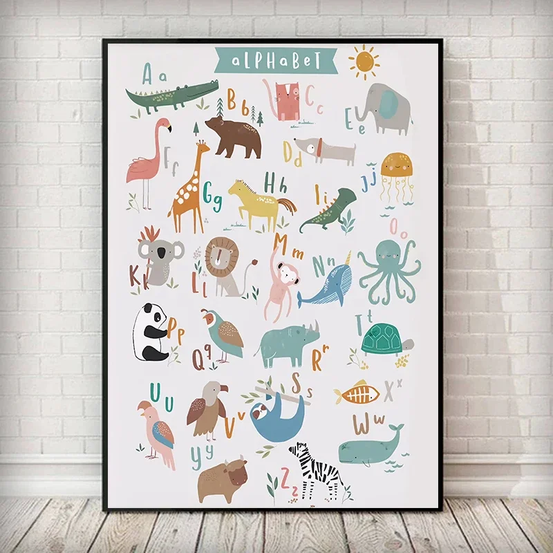 1PC Frameless  ABC  Animal Alphabet Poster Canvas Prints Educational Gift Wall Art Posters Pictures Canvas Painting for Kids Roo