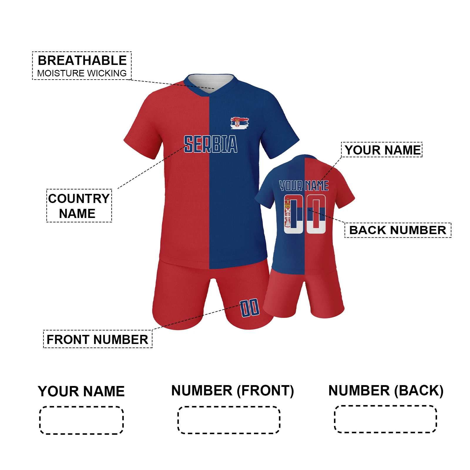 

Serbia Youth Soccer Jerseys for Kids Personalized Red Blue Tops and Red Shorts Custom Football Uniform Set with Name Number