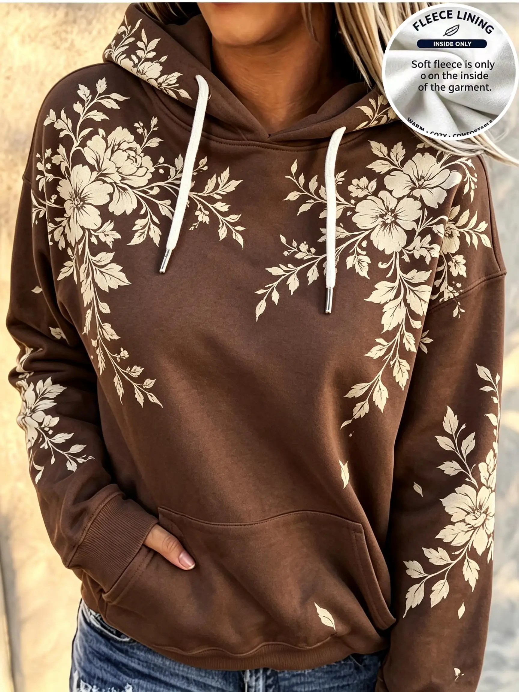 Women Fleece Hoodie Brown Vintage Cream Floral Branch Print Long Sleeve Drawstring Pocket Hooded Sweatshirt
