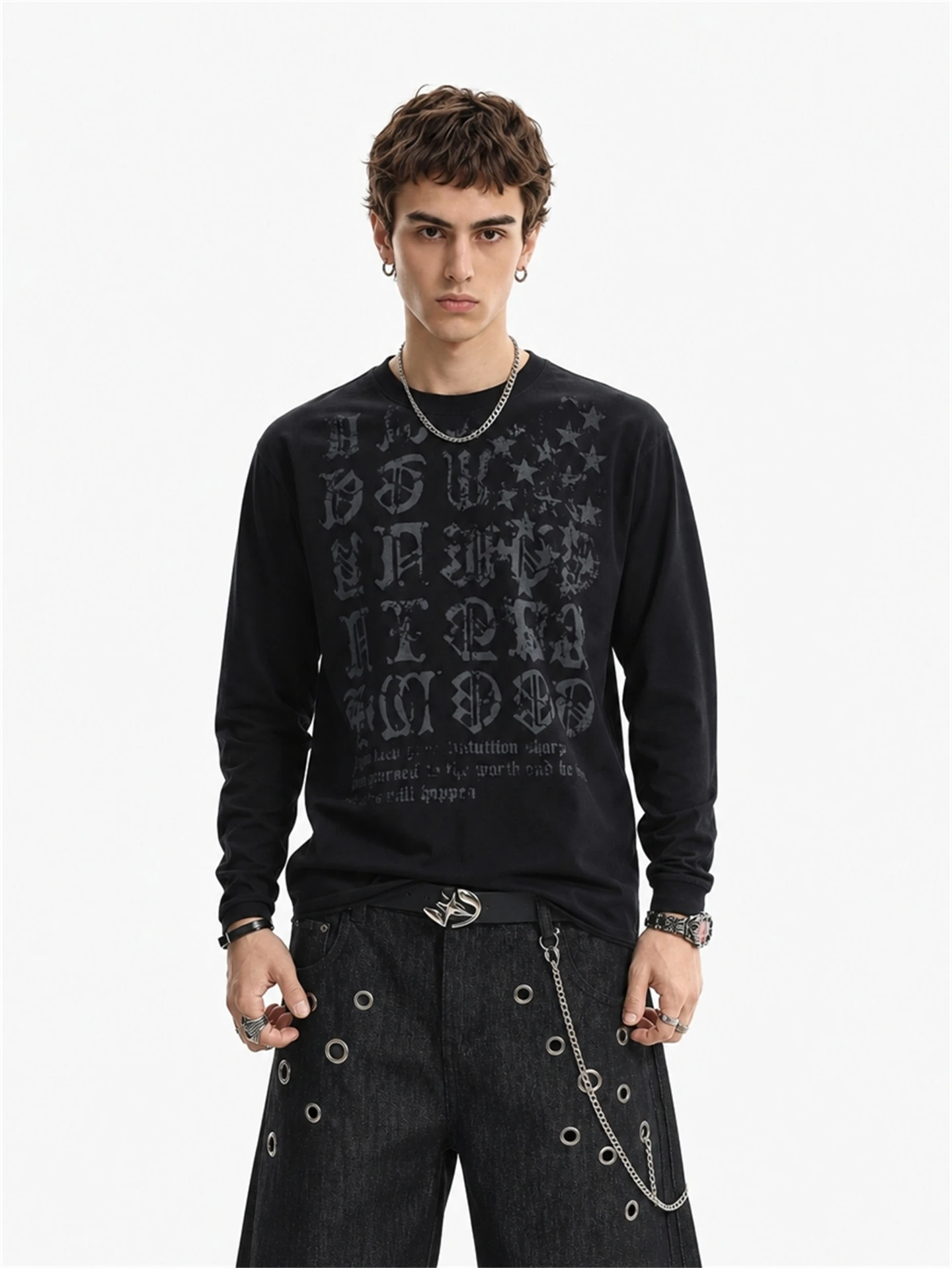 BETEBULE American High Street Style Long Sleeve T-Shirt Men's Print Letter Flower Body Lazy Top Shirt for Autumn Season