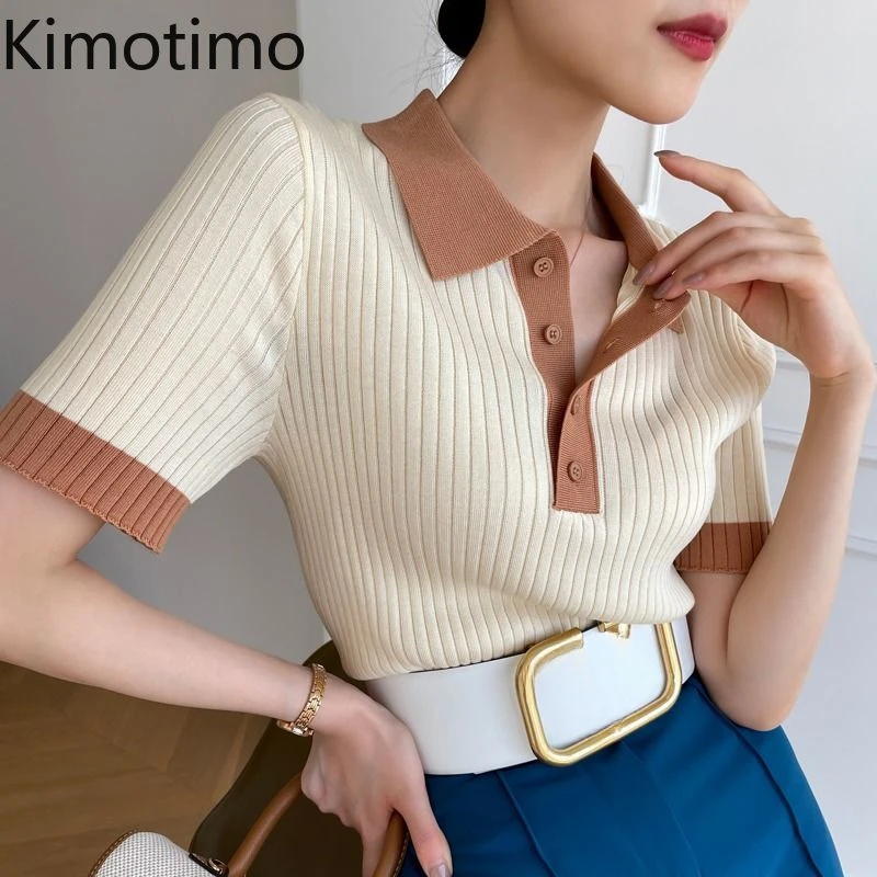 Kimotimo เสื้อยืดถักคอปกสีตัดกันสำหรับผู้หญิงเสื้อครอปย้อนยุคเข้ารูปสไตล์ฝรั่งเศสเสื้อครอปเสื้อสเวตเตอร์บางฤดูร้อนที่สง่างาม