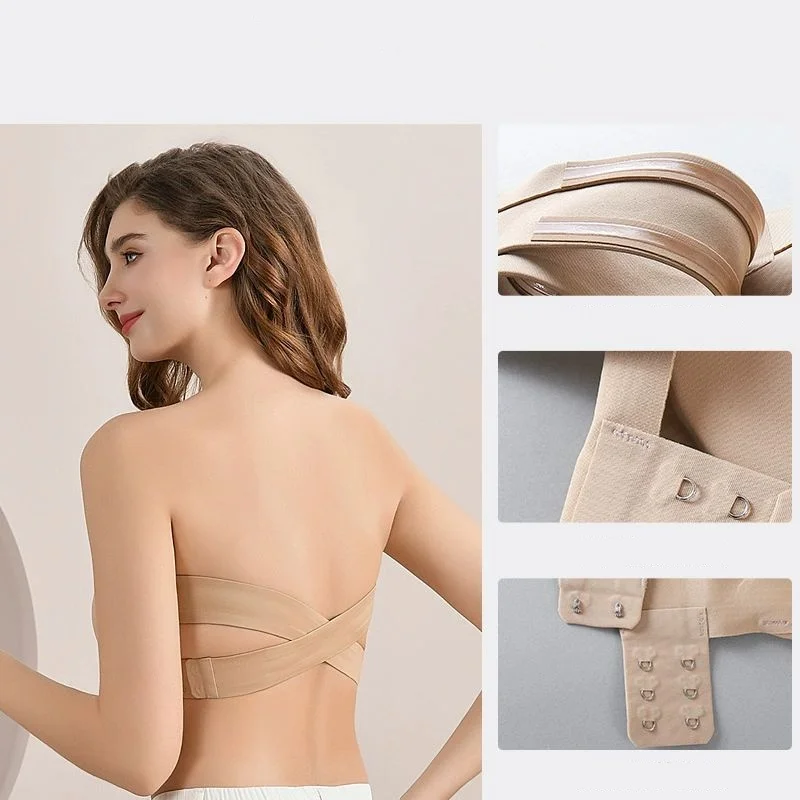 Dámská bezešvá podprsenka bez ramínek s přezkou na boku, neviditelné bezešvé, hedvábné topy s protiskluzovou podprsenkou pro svatbu - náhled 5