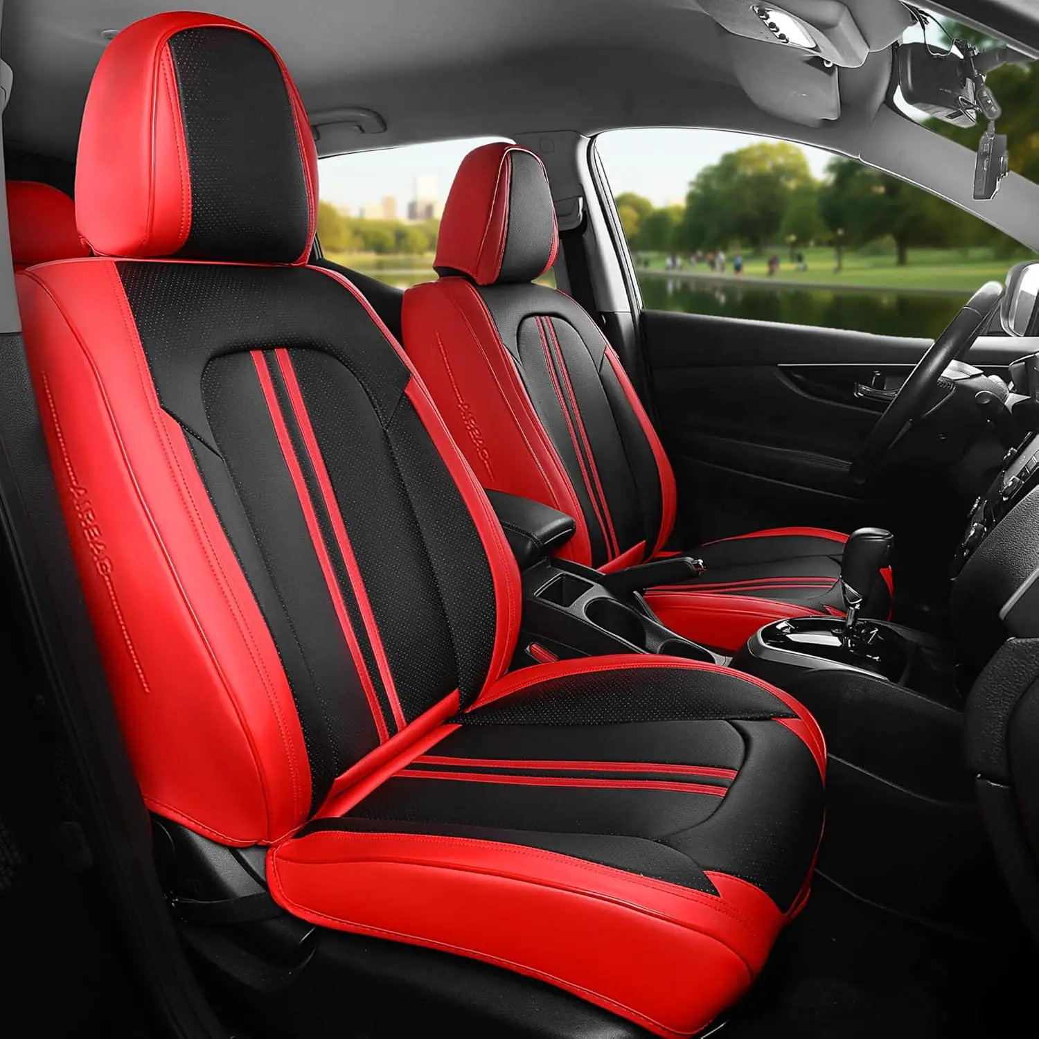 

Waterproof Leather Car Seat Covers Full Set, Black Red Design for SUV Trucks, Breathable and Easy Install