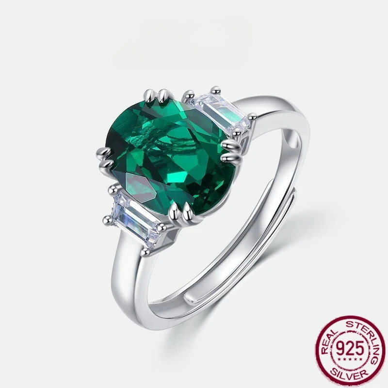 

New S925 pure silver pigeon egg retro emerald inlaid colorful diamond ring European and American minimalist wedding jewelry