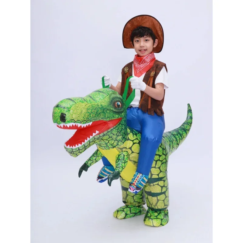 Kids Child T Rex Dinosaur Inflatable Costume Cosplay Cowboy Ride Dinosaur Halloween Purim Inflated Garment Disfraces 3D Print MN