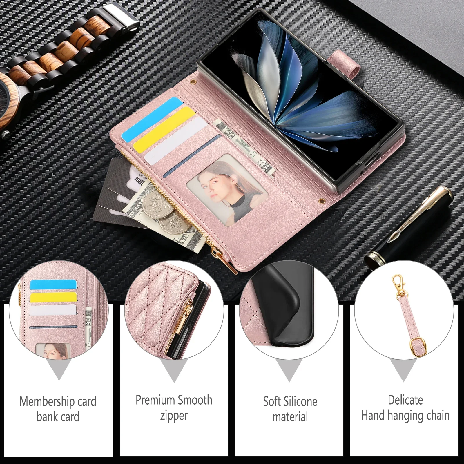 Crossbody zipper Cards Solt Wallet Leather Case For Samsung Galaxy Z Fold 6 5 4 3 5G Diamond Bag Purse Lanyard Stand Strap Cover