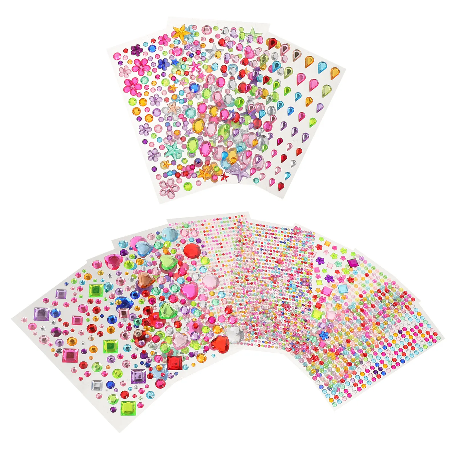 

12 листов самоклеящихся стразовых наклеек: ассорти из форм звезд, сердец, цветов и капель, с ярким кристальным блеском, для творчества