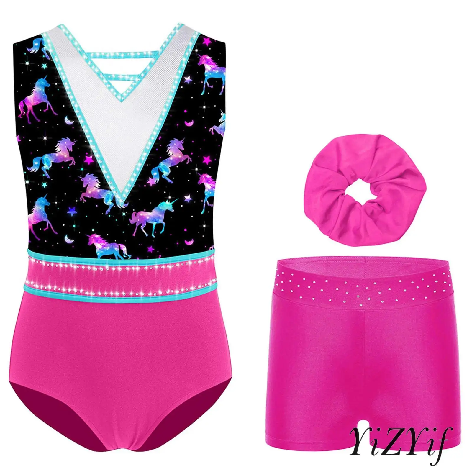 キッズガールズ体操ダンスレオタードセットノースリーブVネックラインストーン付きショーツ帽子フィギュアスケートダンス競技着用