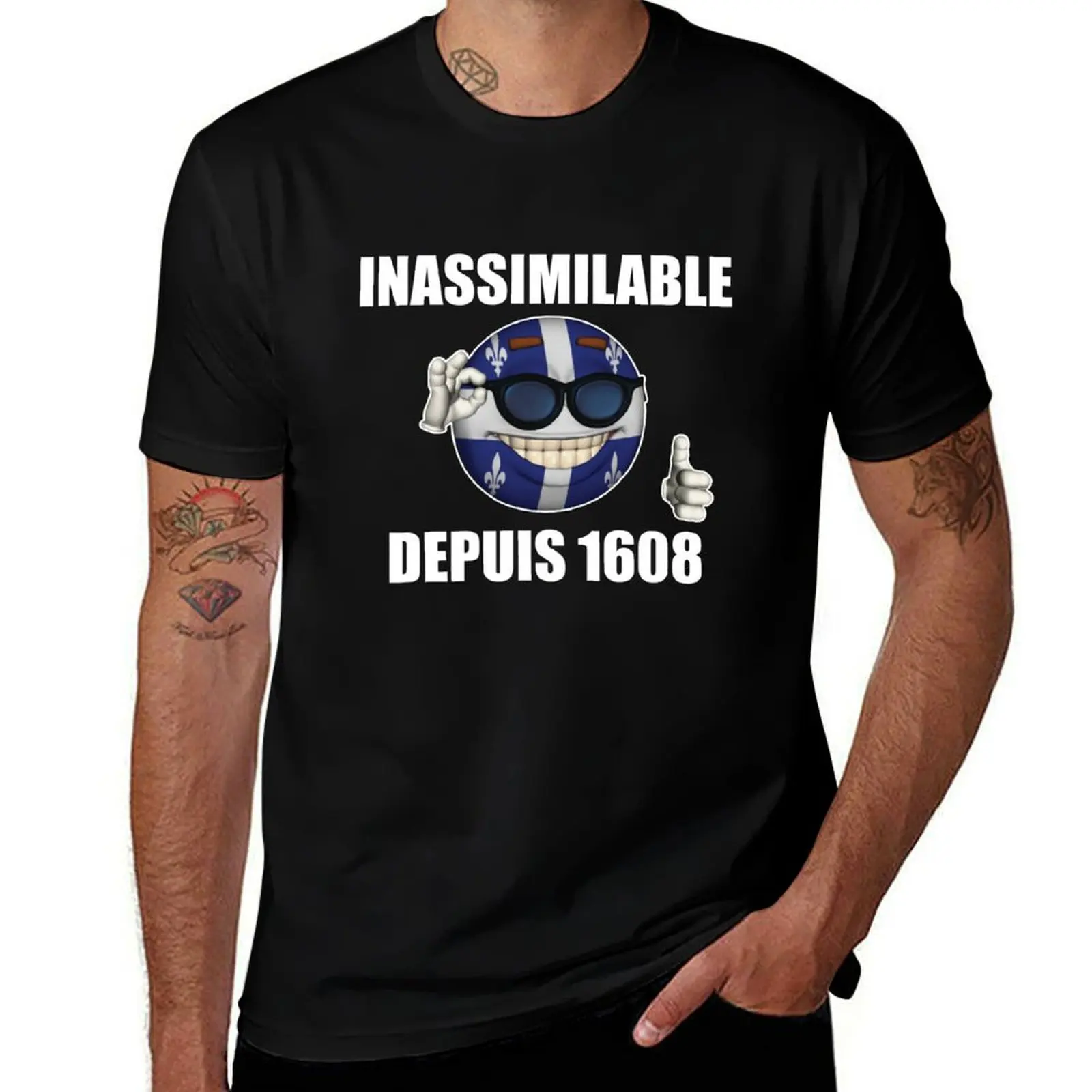 Inassimilable depuis 1608 Québec Anarcho Memeball thumb up Quebec flag black background T-Shirt