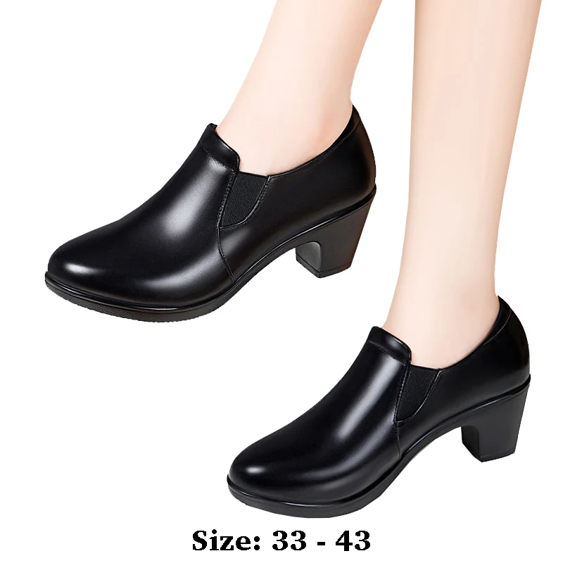 

high quality leather shoe for women 6cm mid heel platform point toe 33 34 43 elegant and fashion autumn winter shoe black