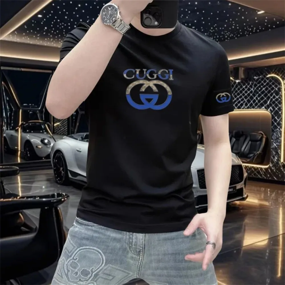 Summer Fashion High-end European T-shirt Short Sleeved Men's Heavy Y2K Versatile Handsome Slim Fit Trendy Printed Half