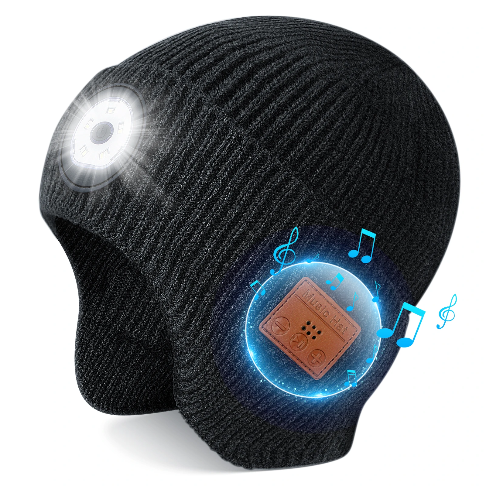 Czapka Bluetooth z oświetleniem, wbudowanym głośnikiem stereo, mikrofonem i 5 diodami LED, idealna na wędkowanie, wędrówki i do pracy, unisex.