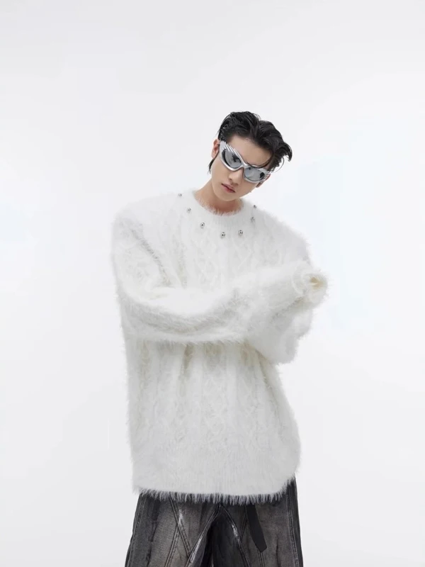 

American Sle Heavy Metal Decorative round Ne Sweater Men's Autumn Winter Loose Lazy Aosphere Cool Knitted irt