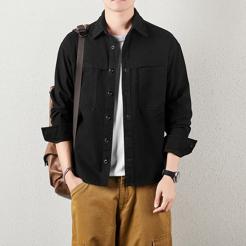 Pop Men's Shirt Japanese Workwear Style Cotton Shirt Long Sleeve Collared Casual Loose Fit Shirt Jacket Outerwear Men's Clothing