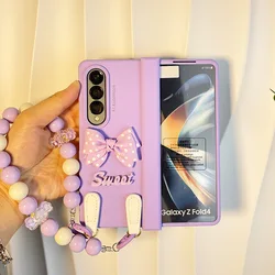 For Samsung Galaxy Z Fold 7 6 5 4 3 5G Fashion Cute Big Bow Portable Beads Hand Chain Purple Hinge Full Protection Case Cover