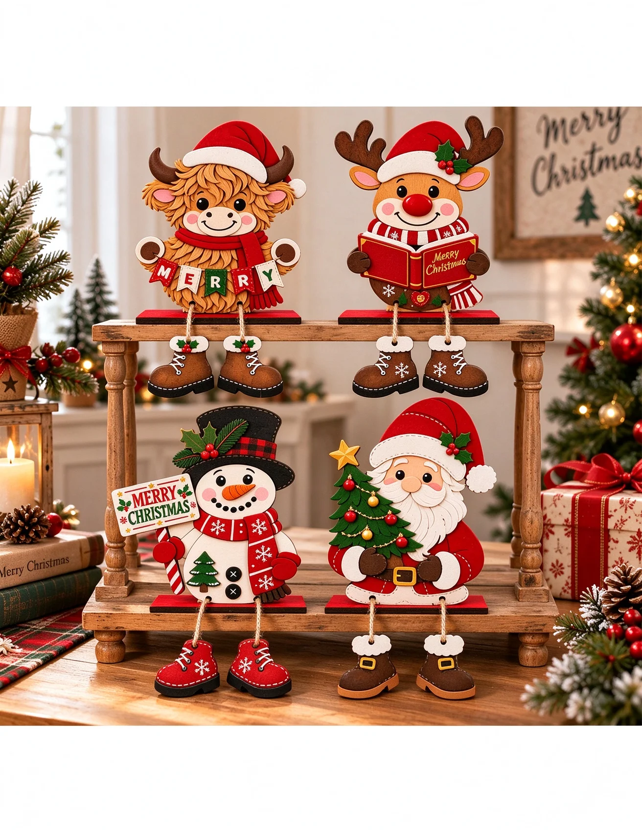 4pcs 2D flat swing leg wooden Christmas stand, holiday dining table, fireplace decoration, Christmas tabletop party