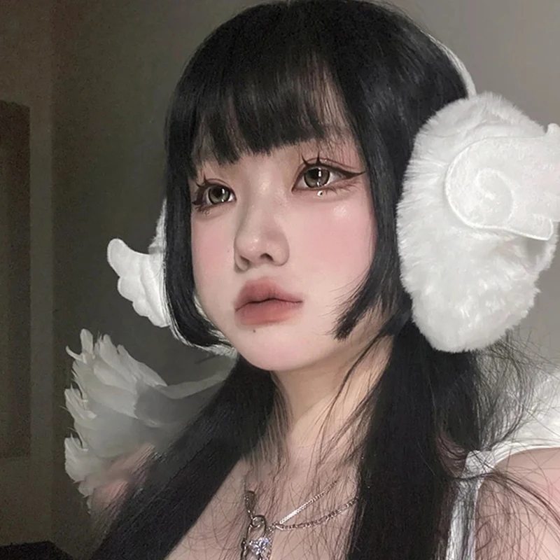 Y2K Angel Wing لينة أفخم الأذن الدفء الشتاء غطاء للأذنين للنساء في الهواء الطلق إيرفلاب حماية غطاء للأذن