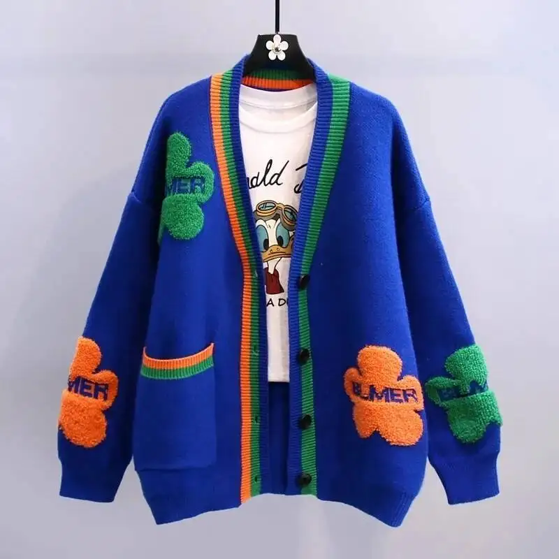 الأزرق الاكريليك متماسكة الخامس الرقبة رسالة زهرة عارضة المرأة سترة واحدة الصدر سترة للنساء الملابس الشتاء سميكة #1