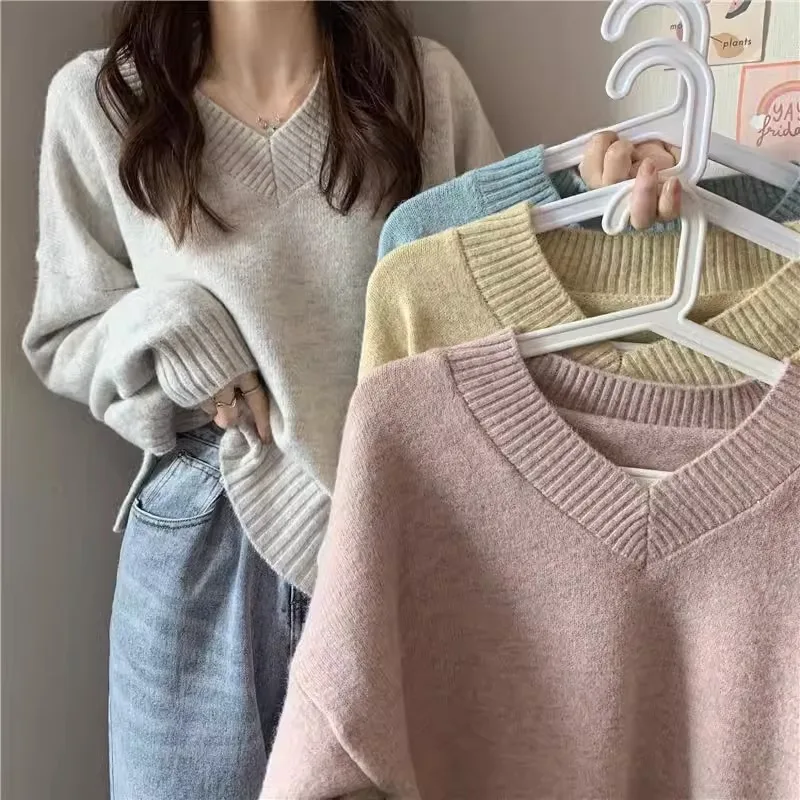 

plus Size Soft Cozy V-Neck Sweater Women's Loose Fit Knitwear Slimming Top Korean Style Long Sleeve Autumn Winter New Arrival