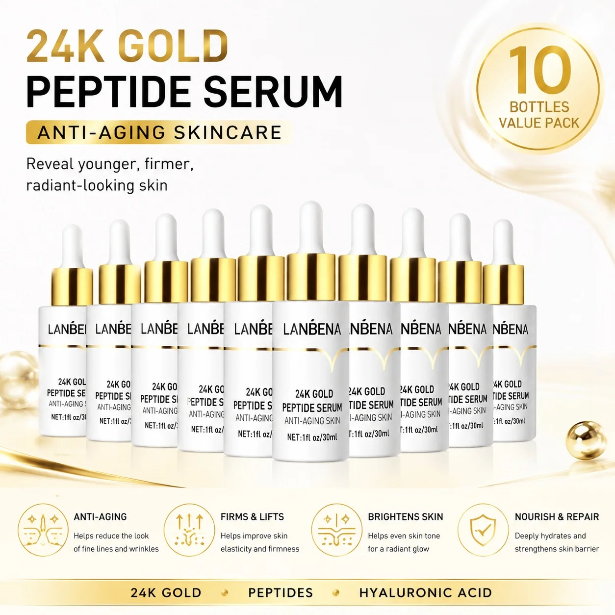 LANBENA Bestseller 24K Gold Peptid Serum zur Entfernung dunkler Flecken und Hautstraffung – Detail 1