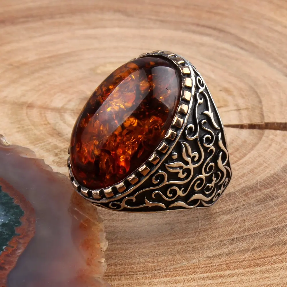 

Amber Stone Men 'S Silver Ring, Gift for Men Jewelry, Vintage, Real Natural Stone, Made in Turkey, fashion Male Ring Jewelry,