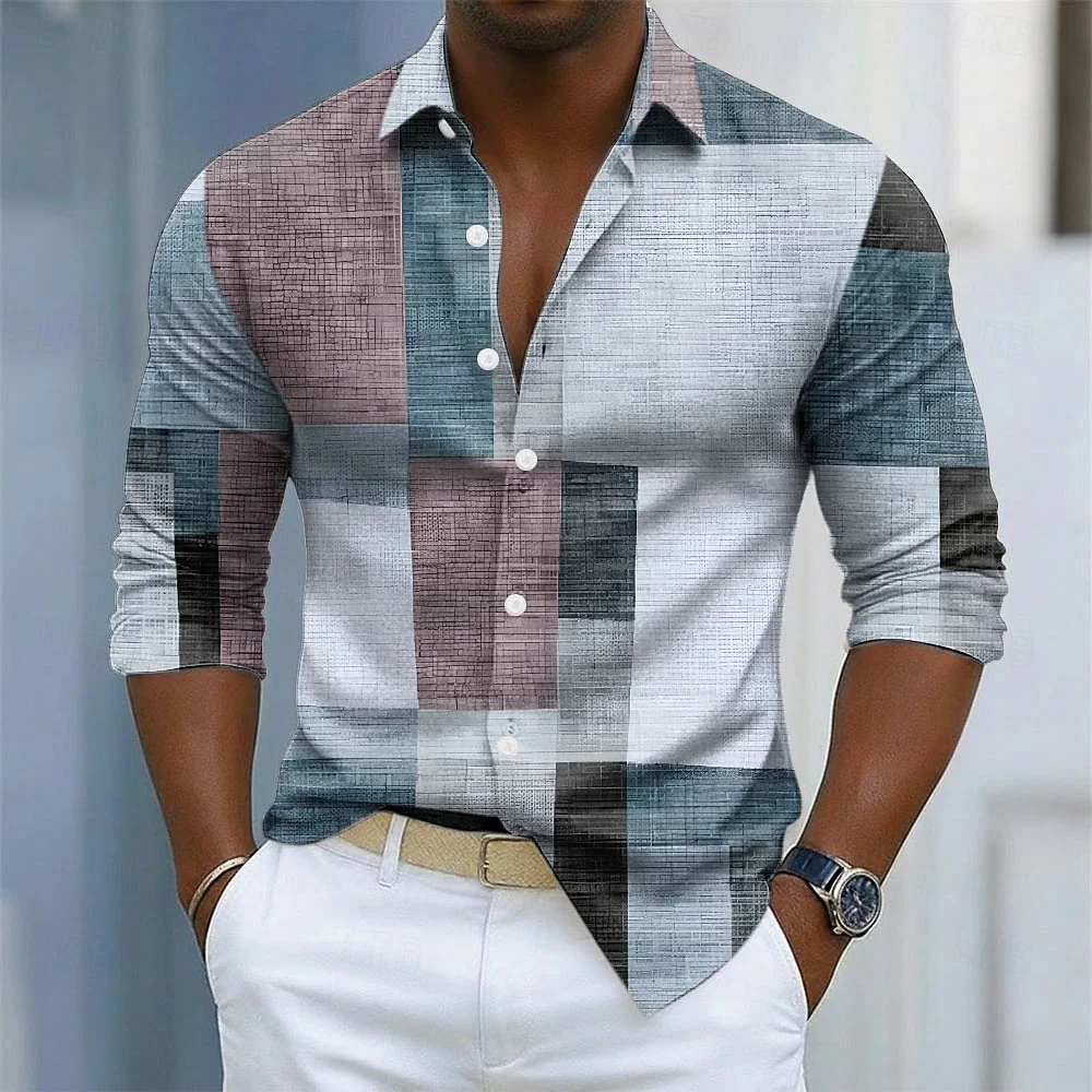 Men's Geometric Color Block Splicing Long Sleeved Shirt 3D Printed Collar Fashionable New Style Casual Dress Shirt